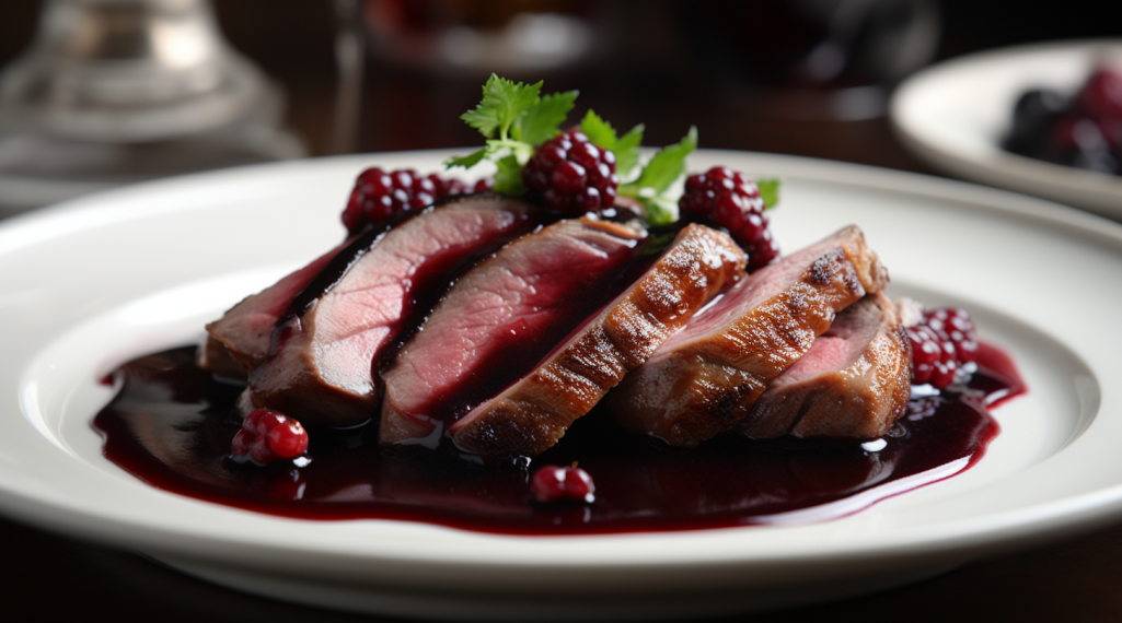Magret de Pato ao Molho de Vinho Tinto e Frutas Vermelhas